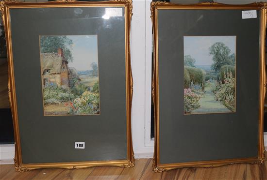 Sylvester Stannard, pair watercolours, Garden flowers borders